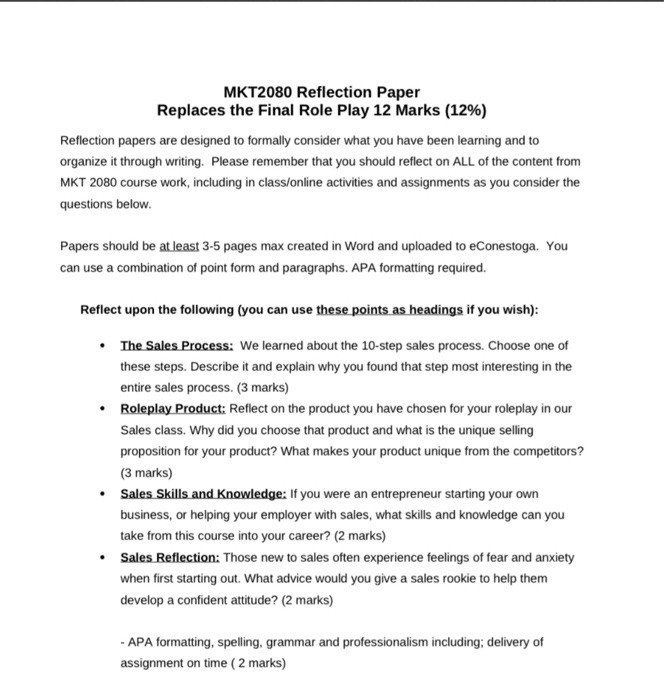 Mkt2080 Reflection Paper Replaces The Final Role Play Chegg Com