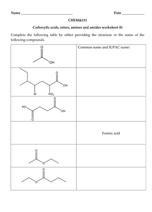 Solved Name Date CHEM&131 Carboxylic acids, esters, amines | Chegg.com