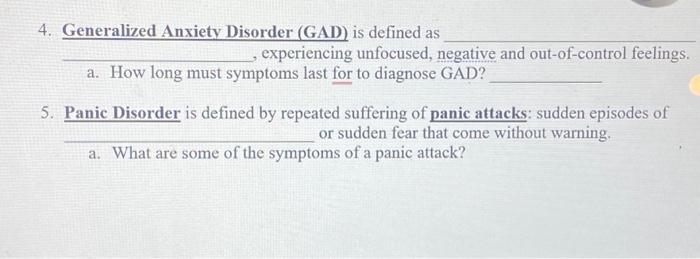 Solved 4 Generalized Anxiety Disorder Gad Is Defined As