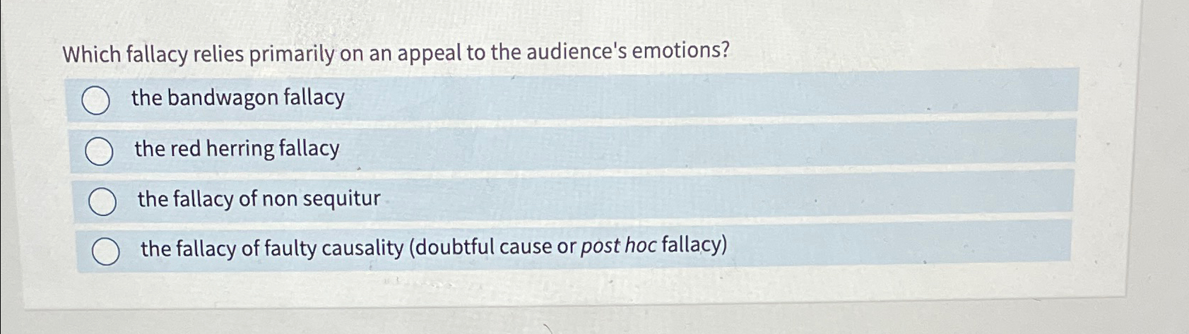 Solved Which fallacy relies primarily on an appeal to the | Chegg.com