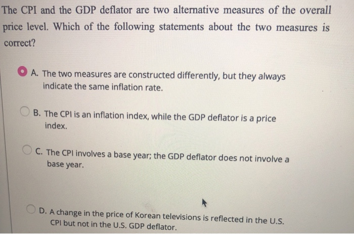 Two Common Measures Of The Overall Level Of Prices Are Solved The CPI and the GDP deflator are two alternative | Chegg.com