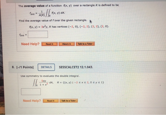 Solved The average value of a function f(x,y) over a | Chegg.com
