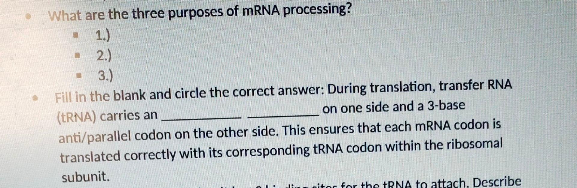 Solved What are the three purposes of mRNA processing? . 1.) | Chegg.com