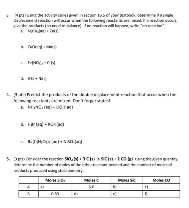 Solved 3. (4 pts) Using the activity series given in section | Chegg.com