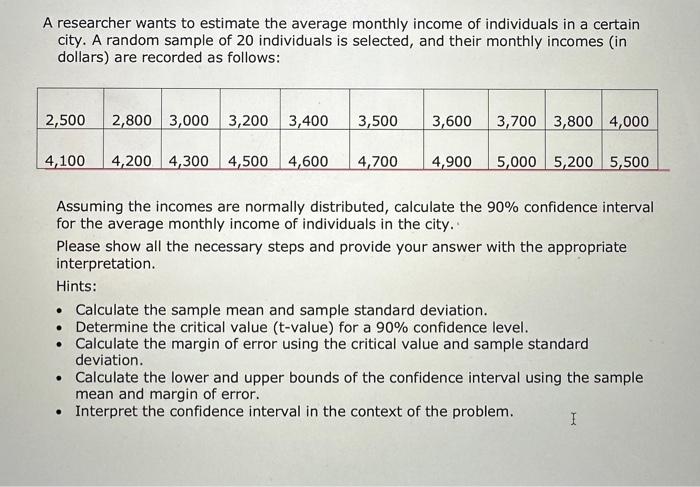 Solved A researcher wants to estimate the average monthly | Chegg.com