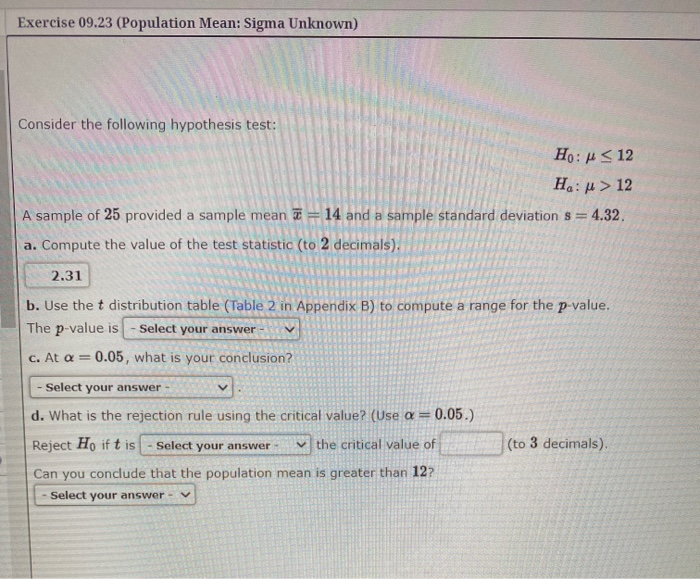 Solved Exercise 09.23 (Population Mean: Sigma Unknown) | Chegg.com
