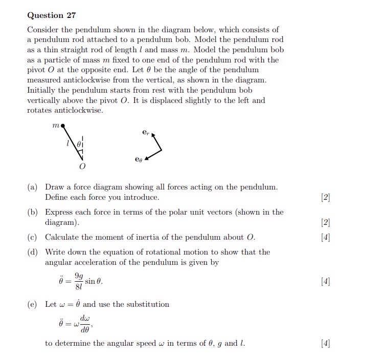 Solved Question 27Consider the pendulum shown in the diagram | Chegg.com
