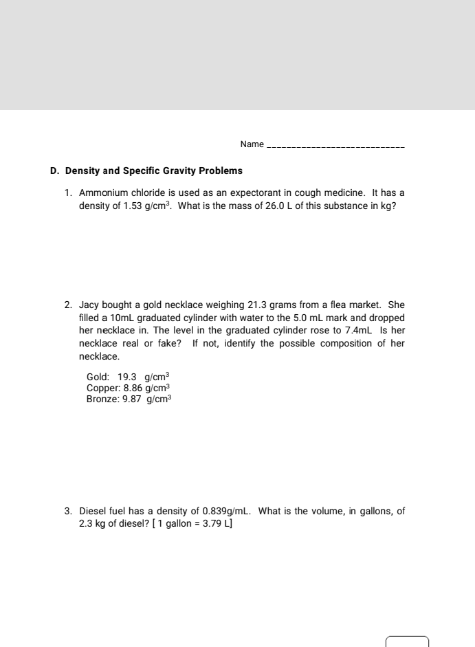 Name -- 1. Determine the specific gravity of the | Chegg.com