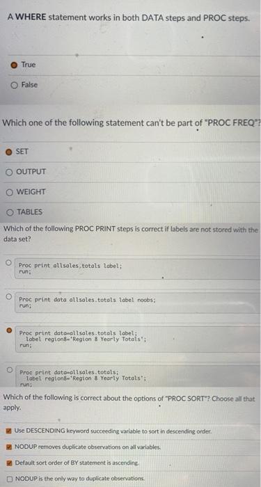 Solved A WHERE statement works in both DATA steps and PROC | Chegg.com