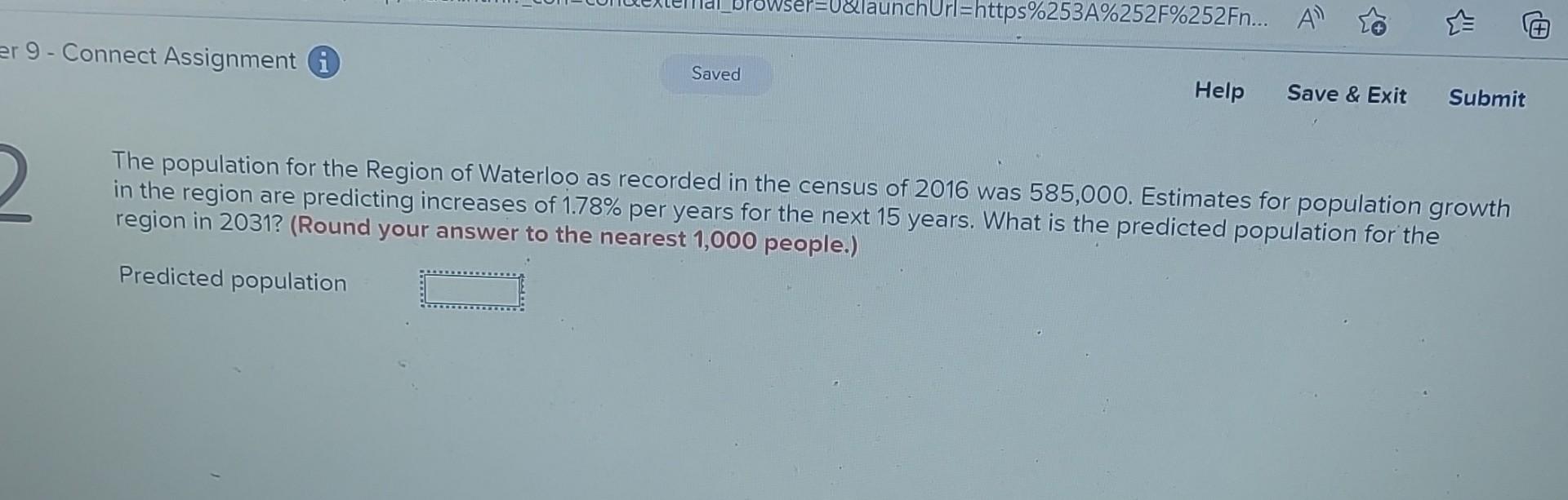 Solved The population for the Region of Waterloo as recorded