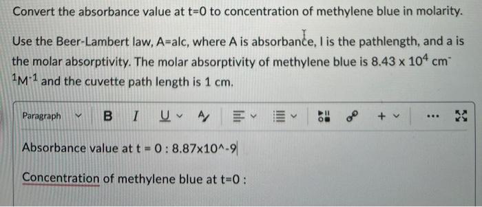 Solved Convert the absorbance value at t=0 to concentration | Chegg.com