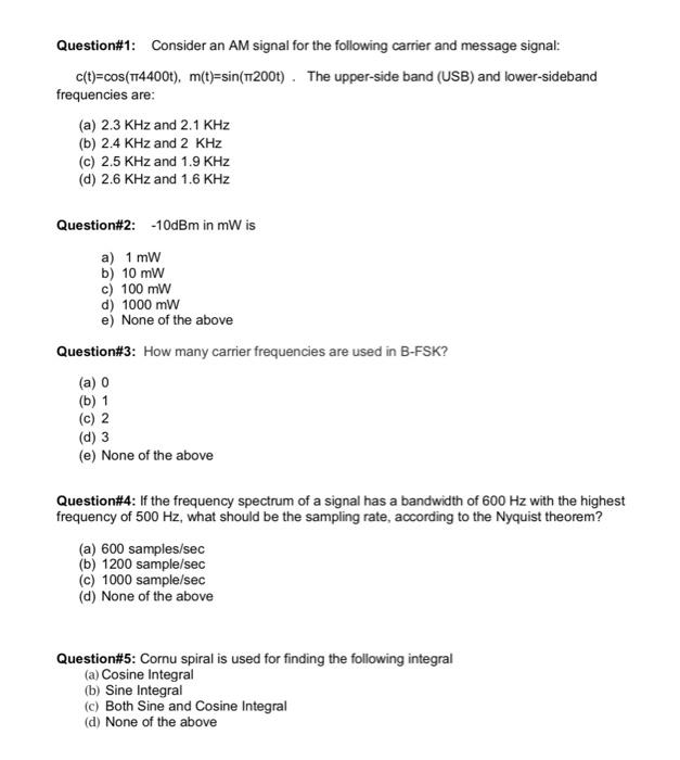 Solved Question#1: Consider an AM signal for the following | Chegg.com