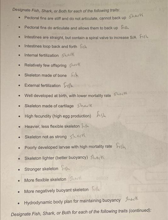 Solved Designate Fish, Shark, or Both for each of the | Chegg.com