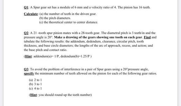 Solved Q1: A Spur gear set has a module of 6 mm and a | Chegg.com