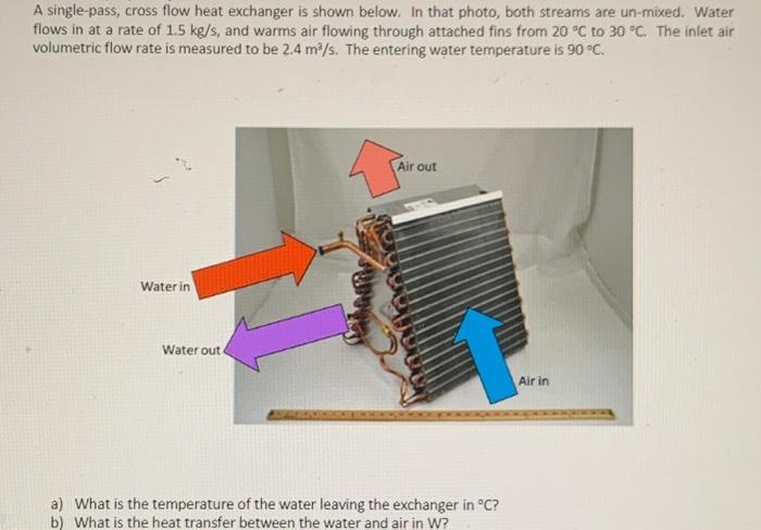 A single-pass, cross flow heat exchanger is shown below. In that photo, both streams are un-mixed. Water
flows in at a rate o