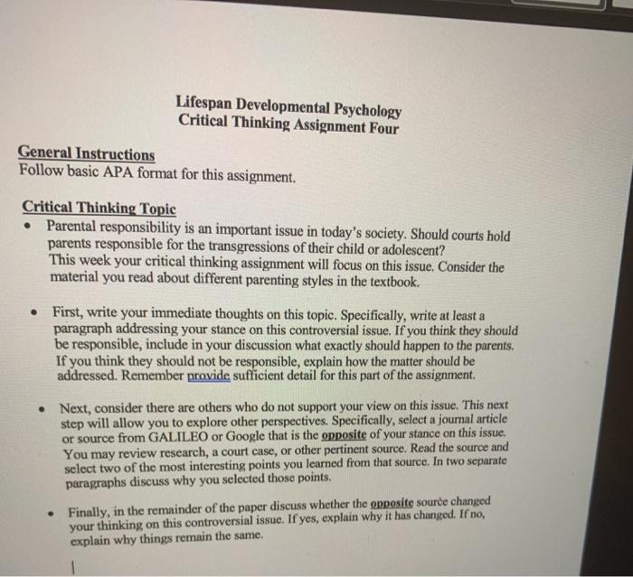 Lifespan Developmental Psychology Critical Thinking