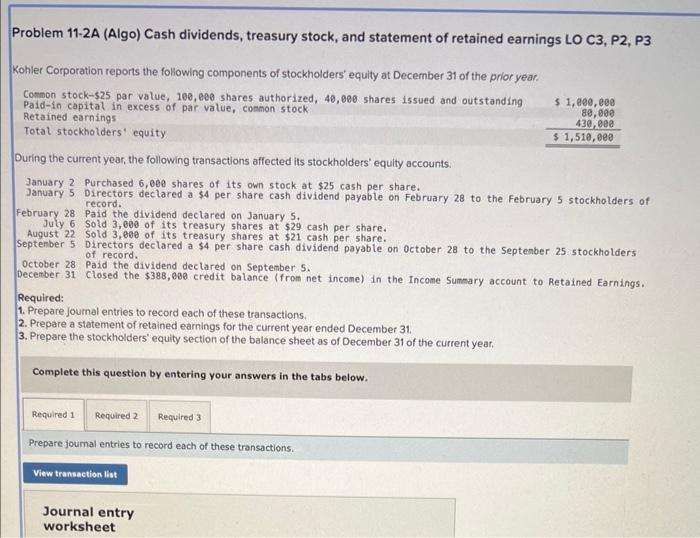 Solved Problem 11 2a Algo Cash Dividends Treasury Stock 2825