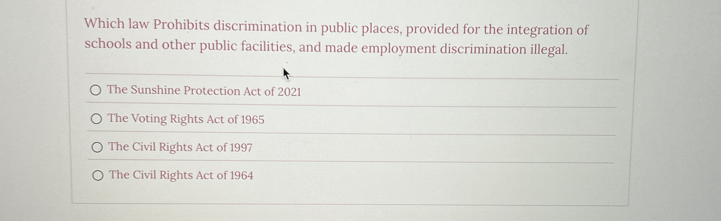 Solved Which law Prohibits discrimination in public places, | Chegg.com