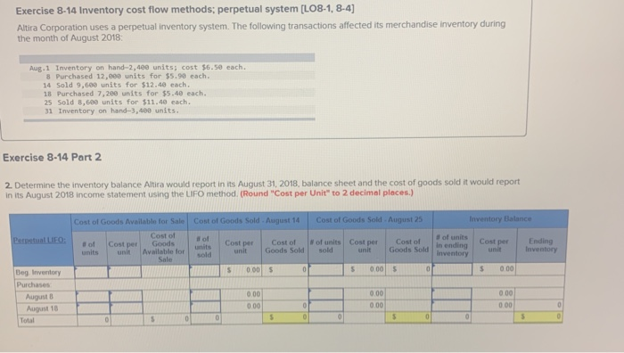 Solved Exercise 8-14 Inventory cost flow methods, perpetual | Chegg.com