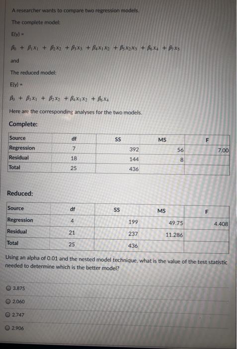 Solved A researcher wants to compare two regression models. | Chegg.com