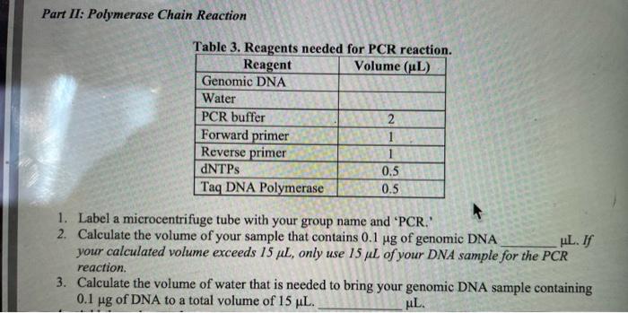 Solved Part II: Polymerase Chain Reaction Table 3. Reagents | Chegg.com