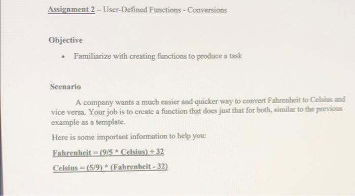 Solved Assignment 2 - User-Defined Functions - Conversions | Chegg.com