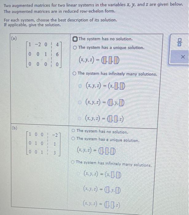 Solved Two augmented matrices for two linear systems in the | Chegg.com