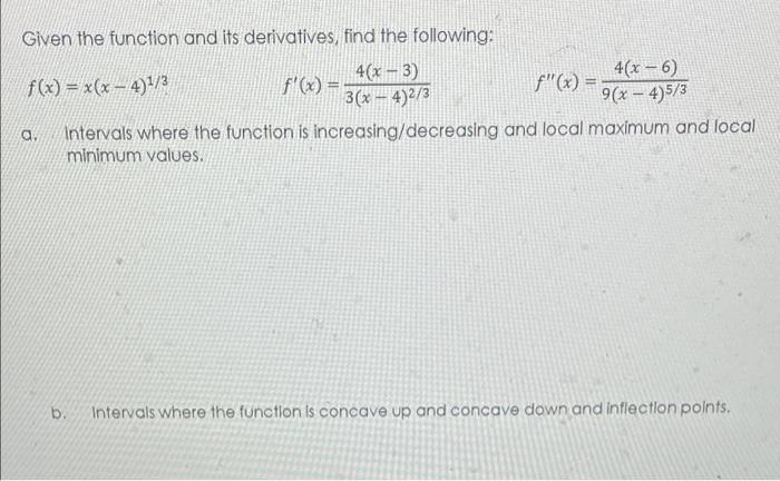 Solved Given the function and its derivatives, find the | Chegg.com