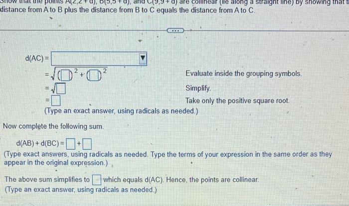 Solved Show that the points A(2,2+ d), B(5,5+d), and C(9,9+ | Chegg.com