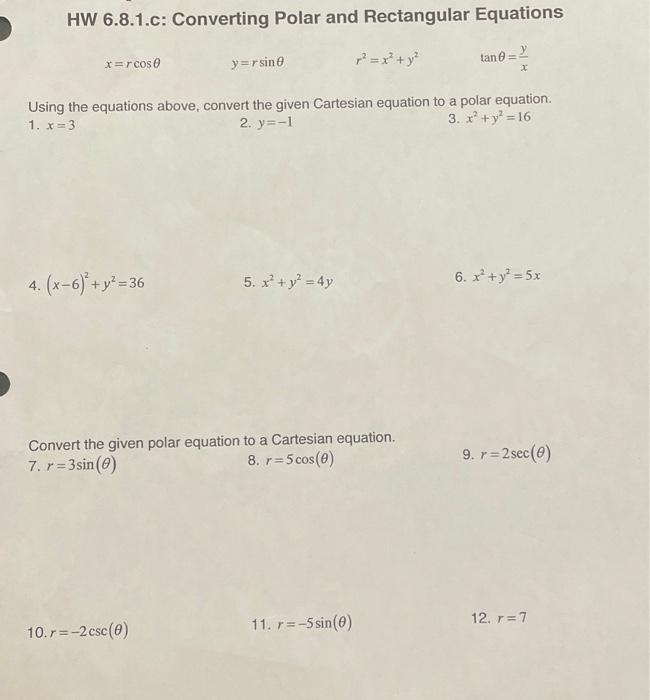 Polar and rectangular top forms of equations worksheet