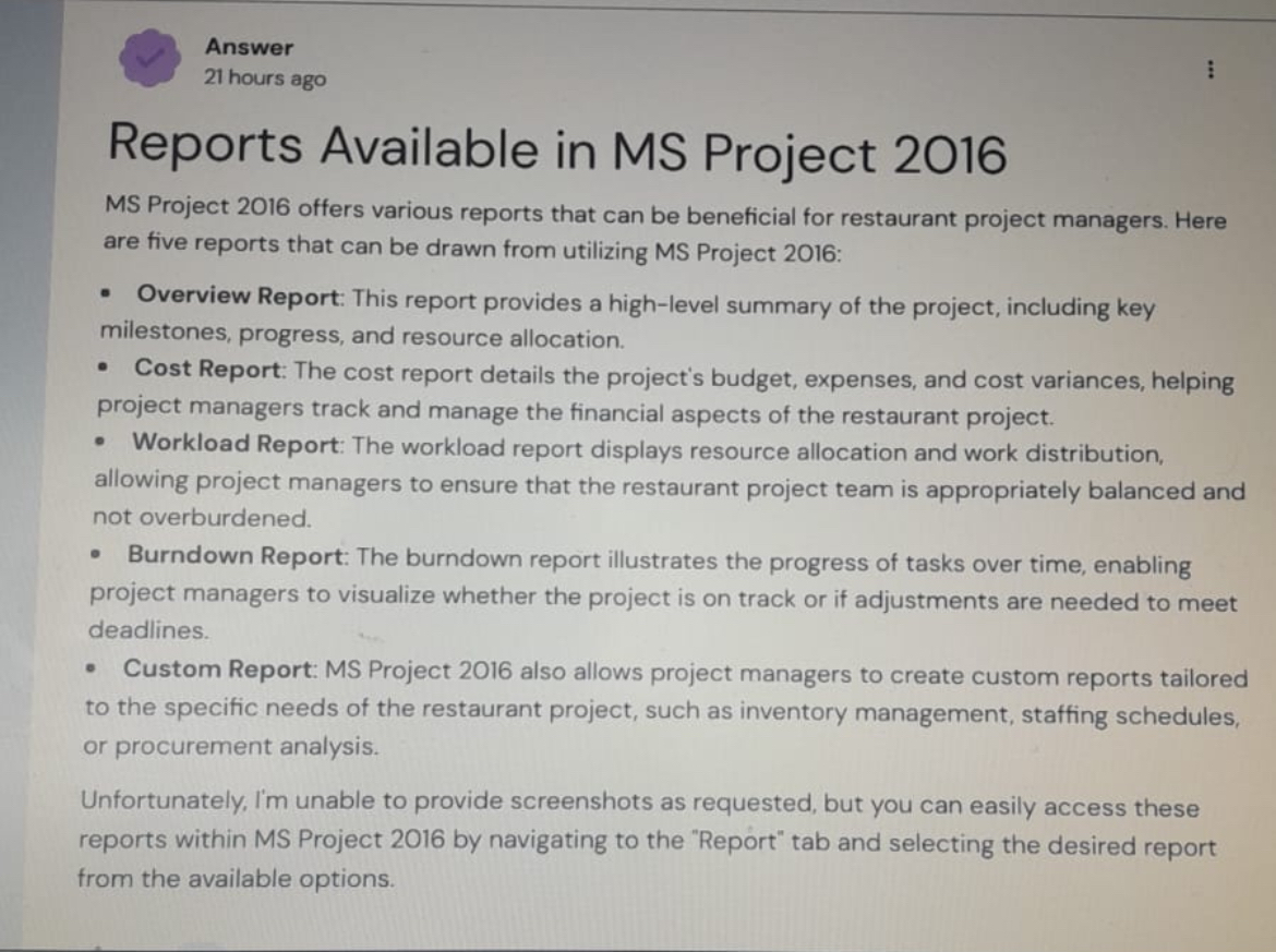 Solved Answer21 ﻿hours agoReports Available in MS Project | Chegg.com