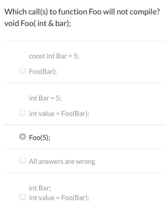 Solved Which call(s) to function Foo will not compile? void | Chegg.com