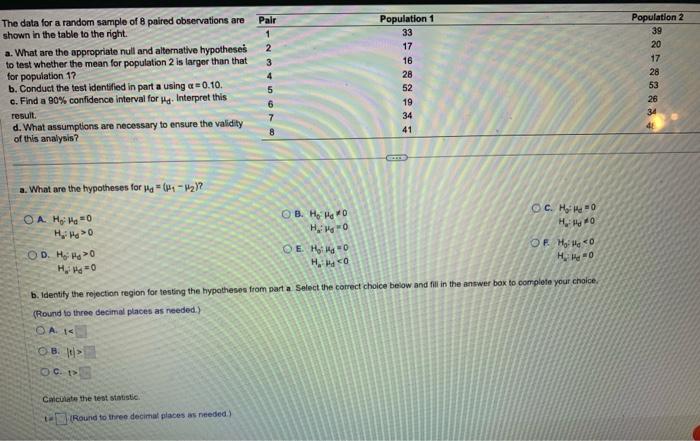 Solved The data for a random sample of 8 paired observations | Chegg.com