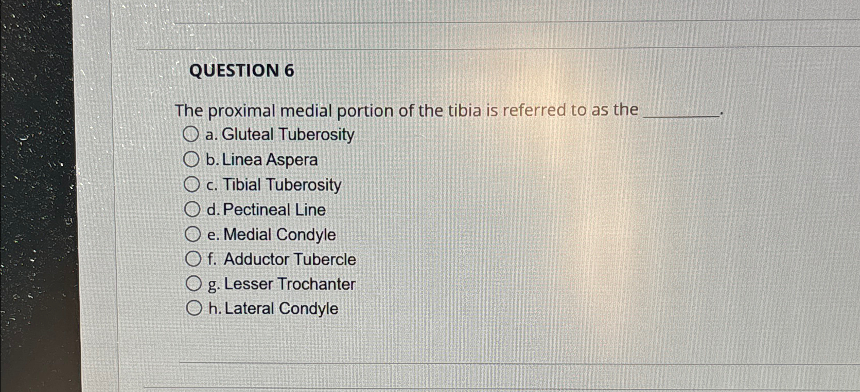 Solved QUESTION 6The proximal medial portion of the tibia is | Chegg.com