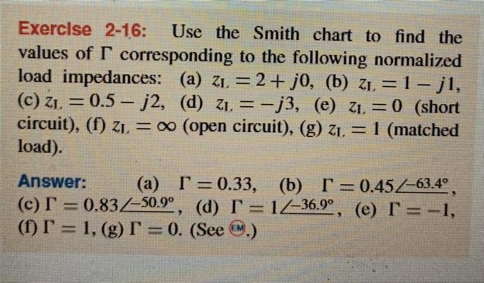 Solved Exercise 2-16: Use the Smith chart to find the values | Chegg.com