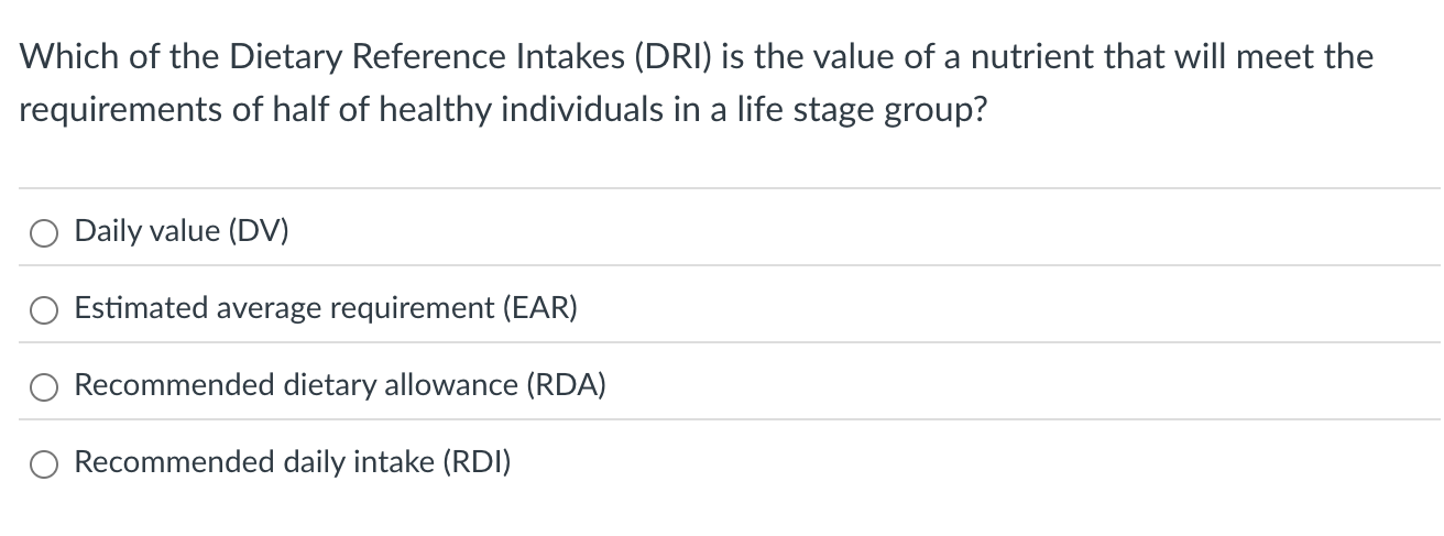 Solved Which of the Dietary Reference Intakes (DRI) is the | Chegg.com