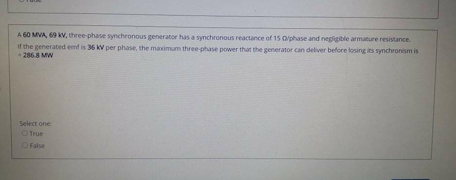 Solved A 60 MVA, 69 kV, three-phase synchronous generator | Chegg.com