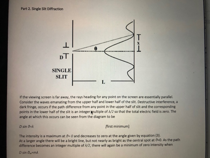 Solved Part 2. Single Slit Diffraction 1 T 1 DT SINGLE SLIT | Chegg.com