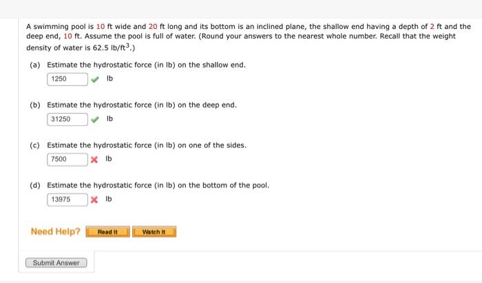 Solved A swimming pool is 10ft wide and 20ft long and its | Chegg.com