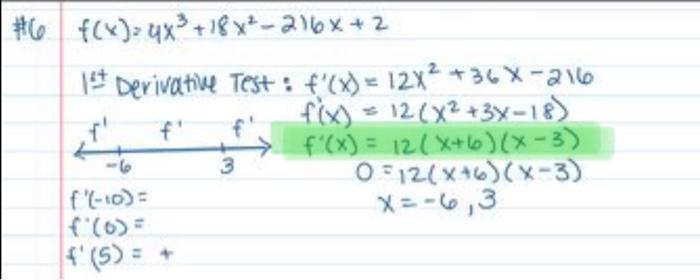 Solved 6f(x)=4x3+18x2−216x+214 Derivative Test: | Chegg.com