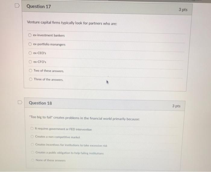 Solved Question 17 3 pts Venture capital firms typically | Chegg.com