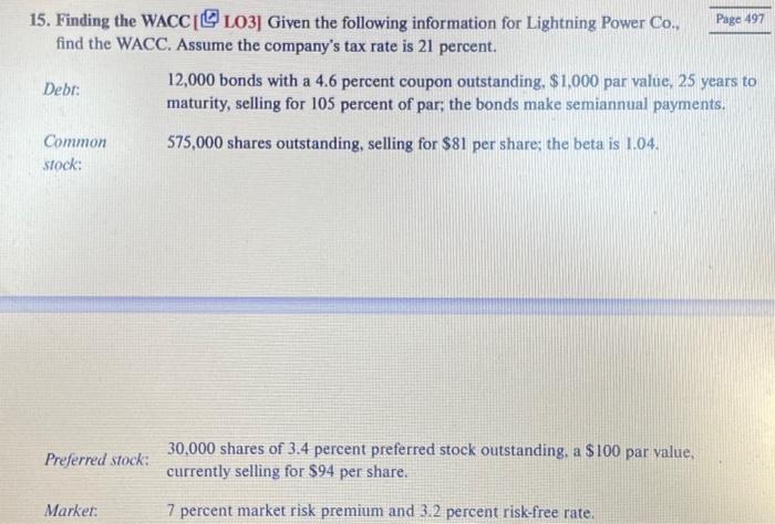 Solved 15 Finding The Wacc Lo3 Given The Following 5933