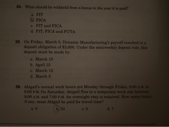 Solved 24. What should be withheld from a bonus in the year