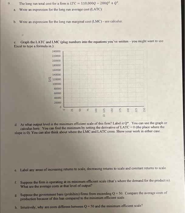 9. The long run total cost for a firm is \( L T C=110,000 Q-200 Q^{2}+Q^{3} \).
a. Write an expression for the long run avera