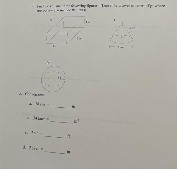 find the volume of the following figures answer key
