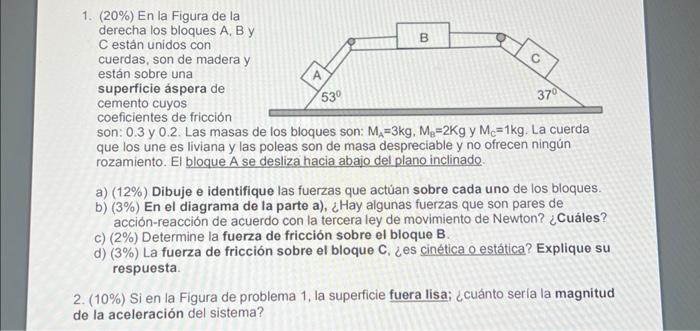 1. \( (20 \%) \) En la Figura de la derecha los bloques A, B y C están unidos con cuerdas, son de madera y están sobre una su