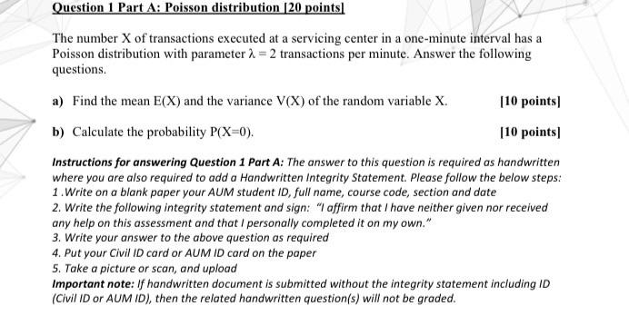 Solved Question 1 Part A: Poisson distribution [20 points | Chegg.com
