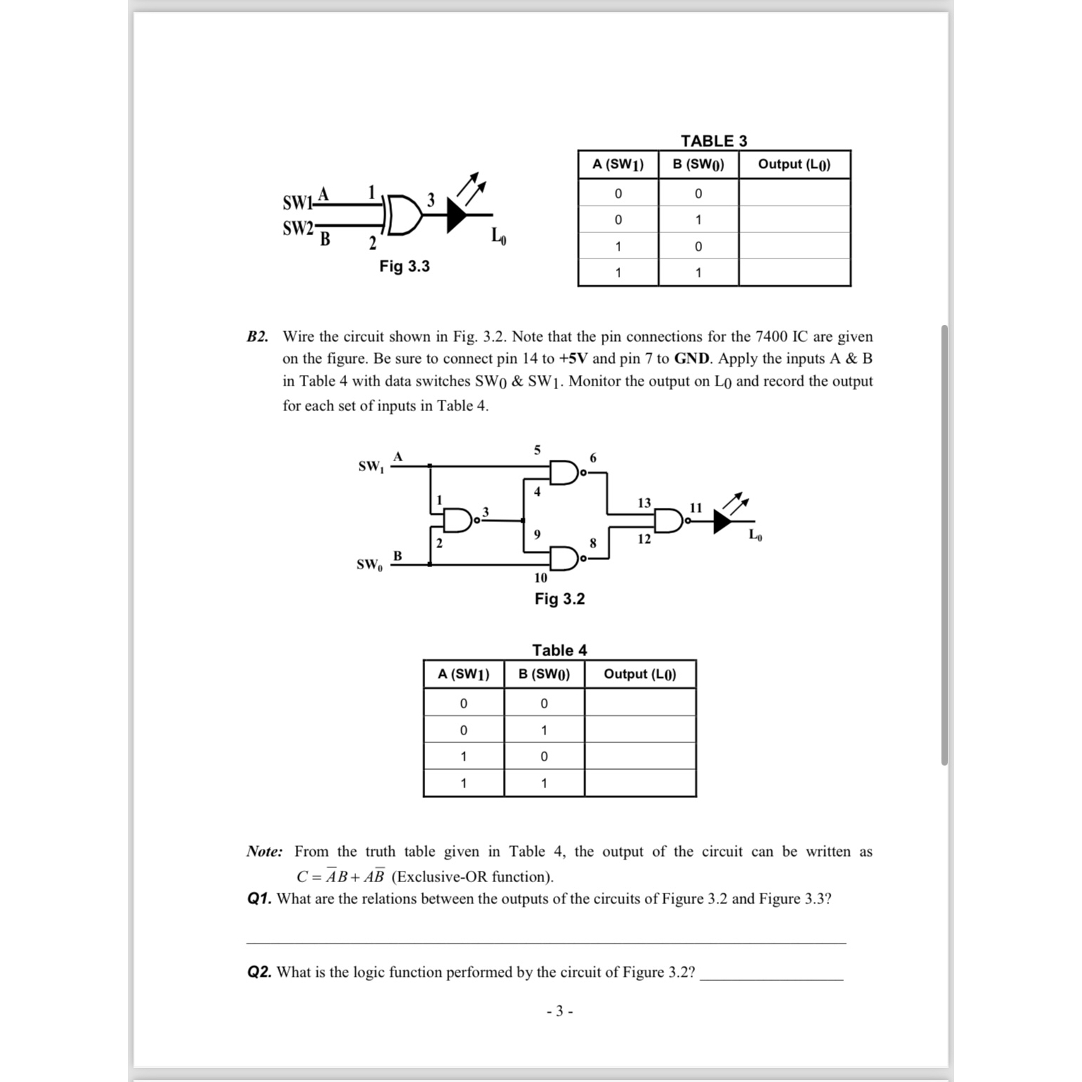 Solved TABLE 3\table[[A(SW1),B(SW0),Output ( (:L0} | Chegg.com