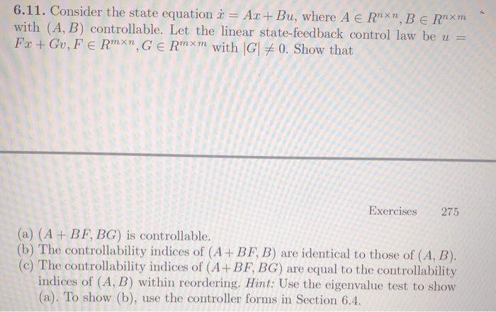 Solved 6 11 Consider The State Equation I Ax Bu Where Chegg Com