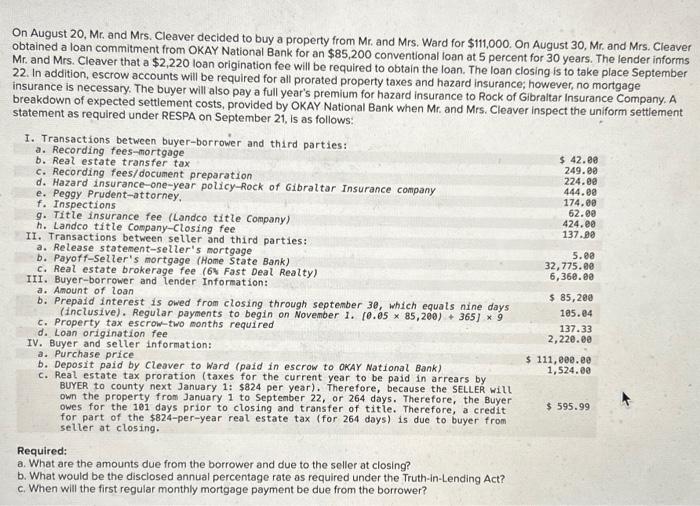 Solved On August 20, Mr. and Mrs. Cleaver decided to buy a | Chegg.com